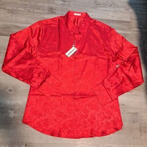 Coofandy Mens Dress Shirt XXL Red Long Sleeve Button Down Silk-like Floral